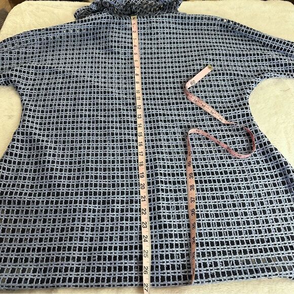 Yushi top large navy and periwinkle blue open weave loose fit cowl neck elbow sl - Picture 8 of 10